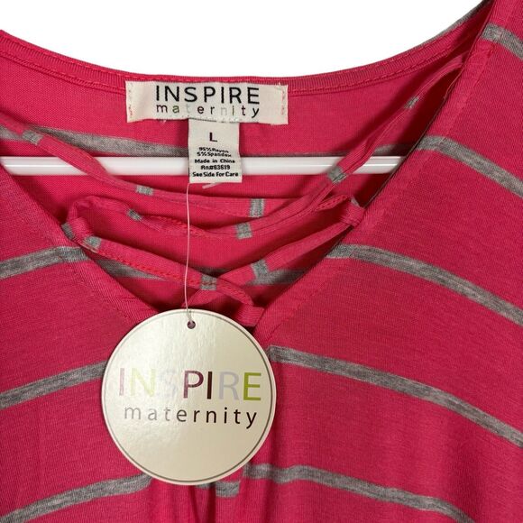 NWT Inspire Maternity Pink Gray Striped Short Sleeve Top Women's Large - Picture 2 of 4